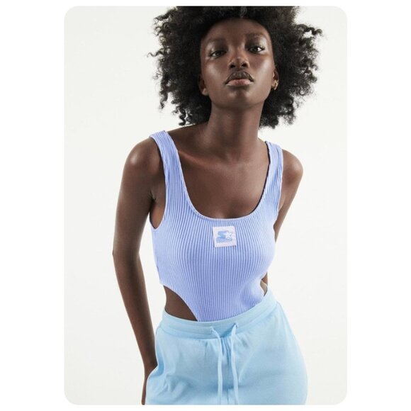 Zara x Starter Blue Ribbed Thong High Waist Sleeveless Bodysuit sz M - Picture 2 of 6
